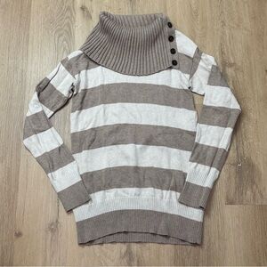 Banana Republic Tan and Cream Striped Cowl Neck Sweater with Buttons Medium